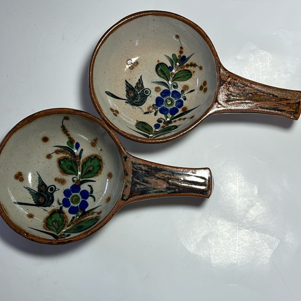 Vintage El Palomar pottery Mexico Tonala soup bowls bird handles boho folk art